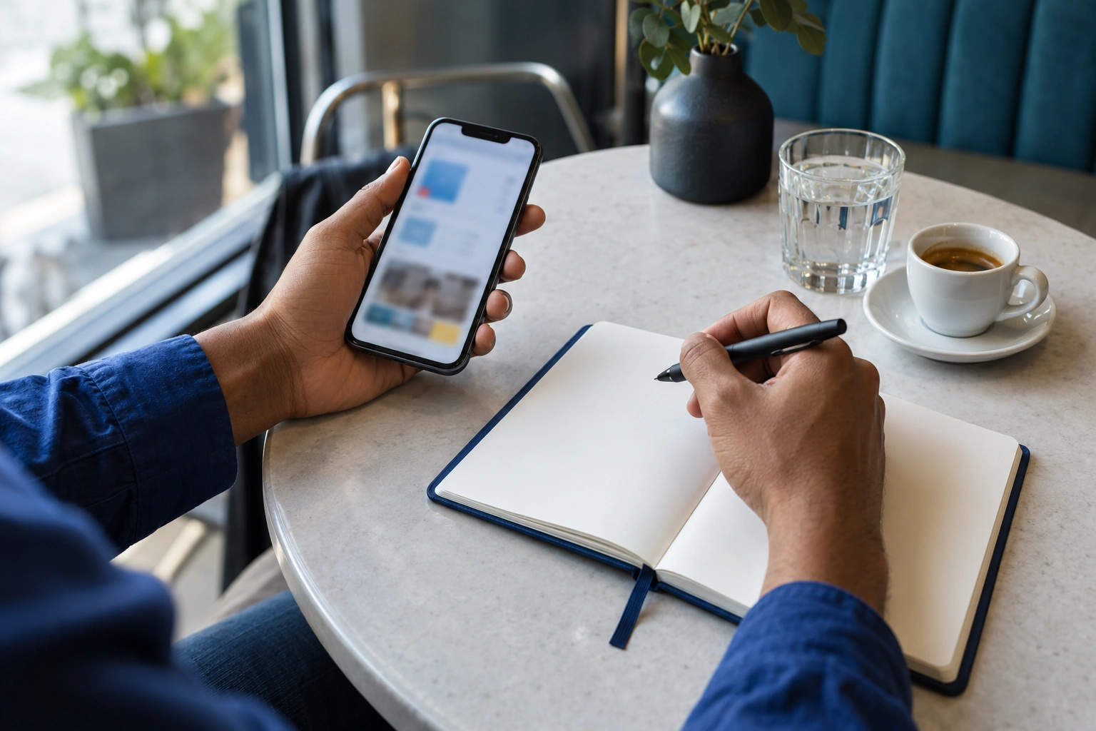Manos con un teléfono y una libreta abierta en la mesa de un café, preparando una llamada
