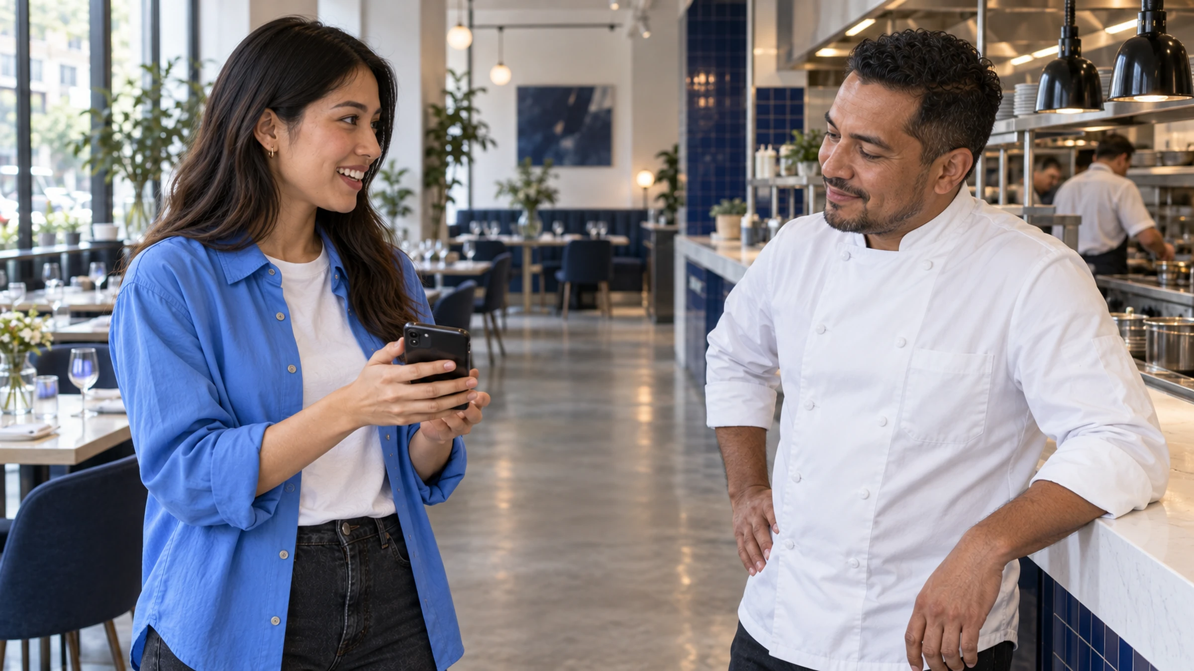 Una persona maker le muestra el teléfono al chef de un restaurante, en el salón