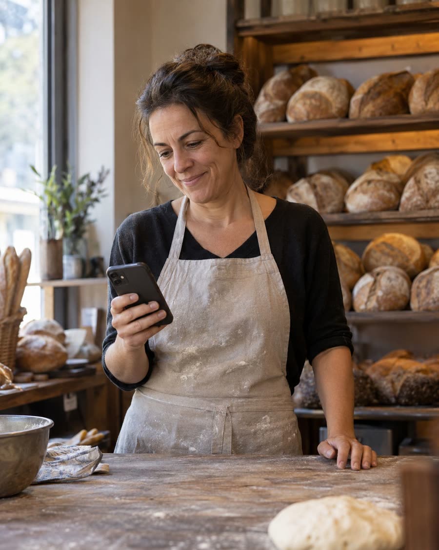 La dueña de una panadería mira su celular detrás del mostrador