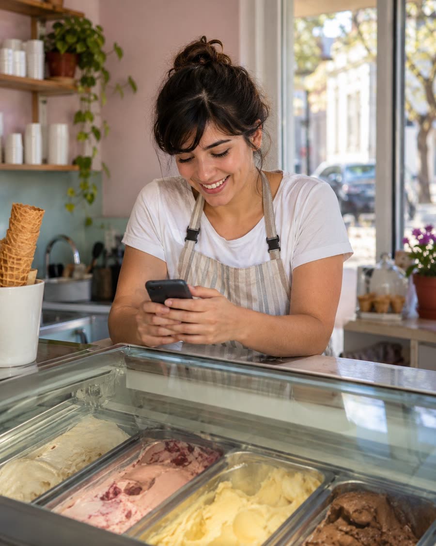 La dueña de una heladería se ríe mirando su celular