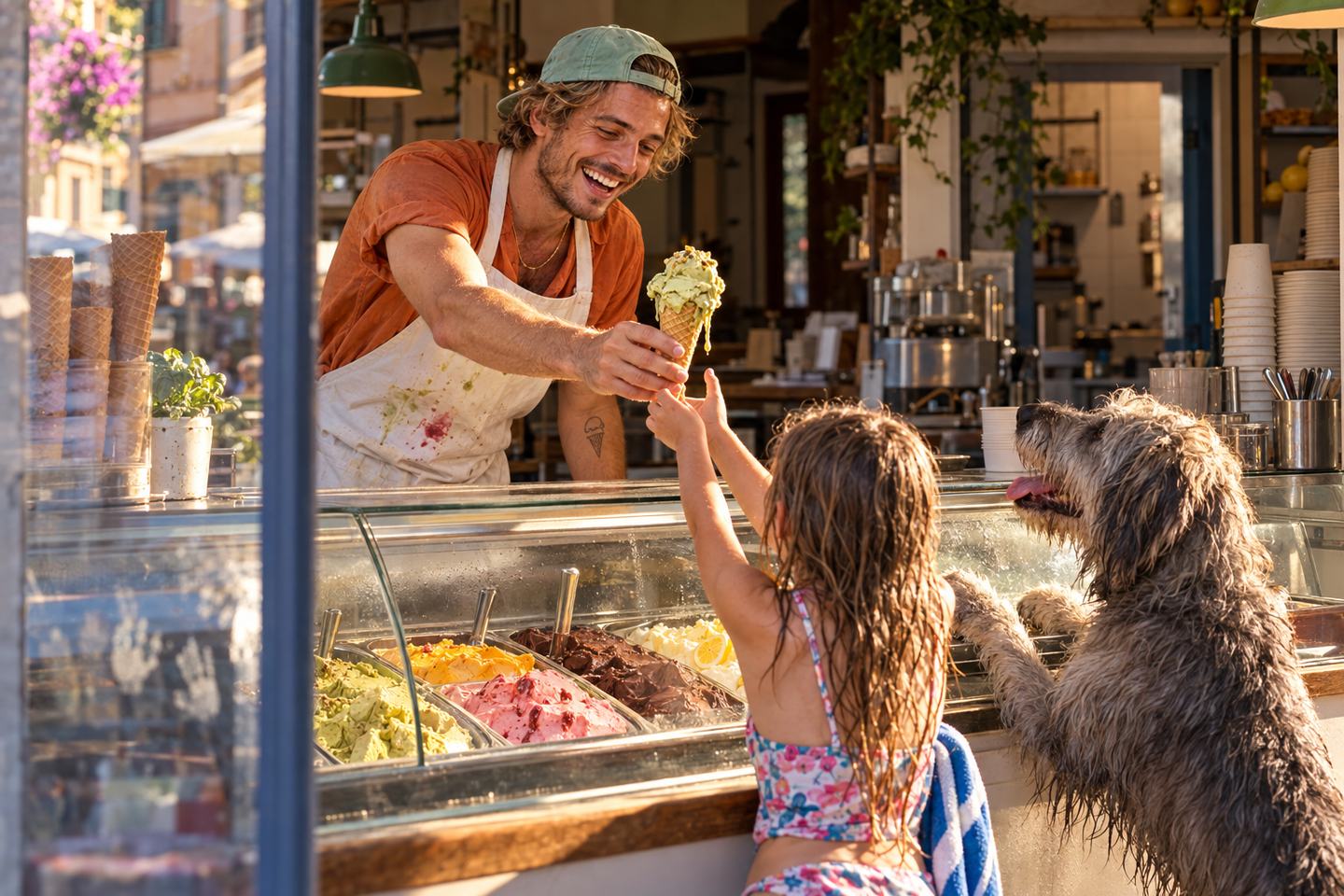 Un heladero le pasa un cucurucho de pistacho a una nena recién llegada de la playa, con un perro esperando su turno